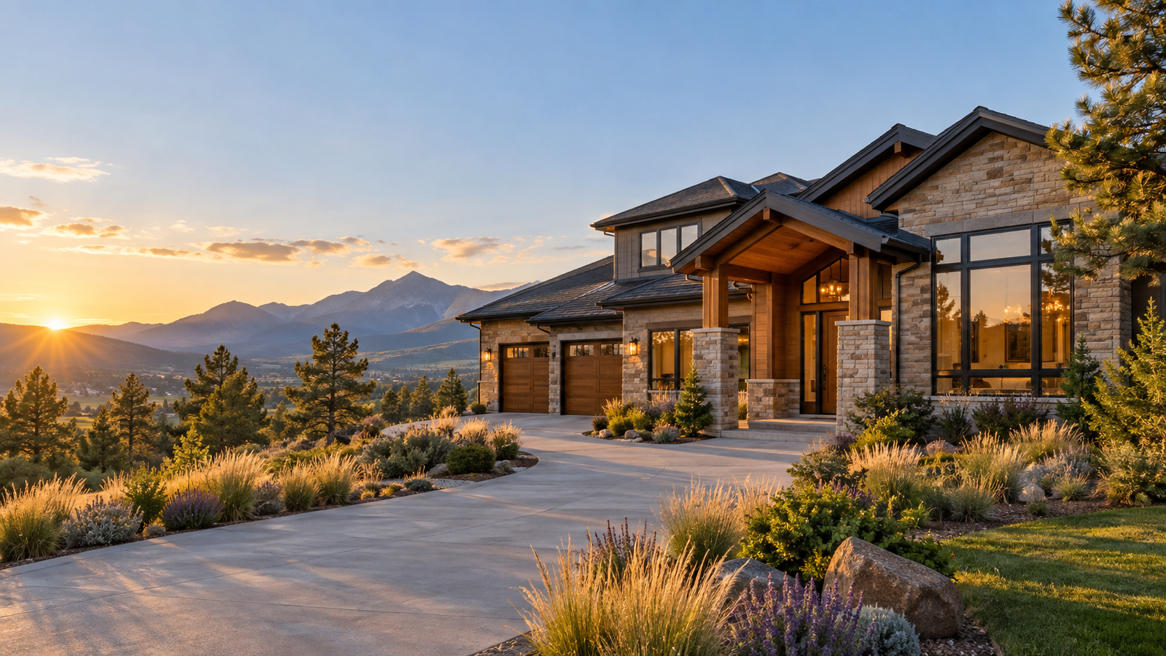 Contemporary Colorado home at sunset with mountain views